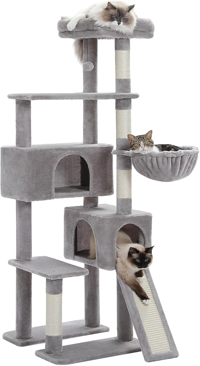 PAWZ Road Cat Tree, 60 Inches Cat Tower with Dual Condos, Spacious Perch, Cozy Basket and Sisal-Covered Scratching Posts for Indoor Cats- Gray-Mewly Pet