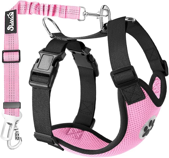 Lukovee Dog Seat Belt for Car, Adjustable Dog Car Harness for Large Medium Small Dogs, Soft Padded & Breathable Mesh Dog Seatbelt with Car Strap and Carabiner(Pink Double Clip,Small)-Mewly Pet