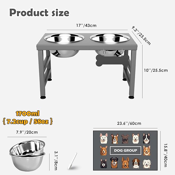 Elevated Dog Bowls, 10" Tall Height, Raised Bowl Stand with 2 Stainless Steel Food Feeder Bowls (58oz) and Spill-Proof Mat for Medium Large and Small Breeds, Grey-Mewly Pet