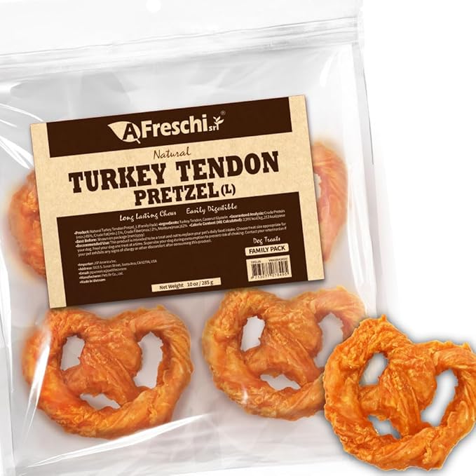 Afreschi Natural Turkey Tendon Pretzel (L) 10 oz, USA-Sourced Turkey Tendon, All Natural Puppy Chew, Hypoallergenic, Rawhide Alternative, for Large Breeds-Mewly Pet
