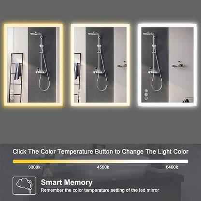 Lighted Bathroom Makeup Mirror,20x28 Inch LED Wall Mount Frameless Rectangle Smart Bathroom Mirror with Touch Button Horizontal/Vertical,Anti-Fog