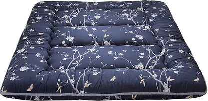 MAXYOYO Navy Floral Printed Japanese Floor Mattress Rustic Style Futon Mattress Foldable Bed Roll Up Camping Mattress Floor Lounger Bed Couches and Sofas Mattress Topper King Size