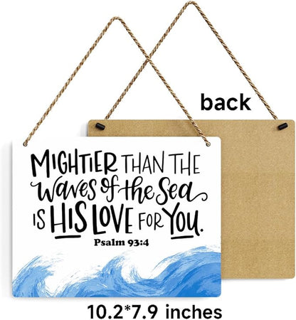 Inspirational Nautical Decor Mightier Than The Waves of The Sea Psalm 93:4 Scripture Wooden Hanging Sign Christian Gift for Baby Kids Girl Boy Nursery Teen Room Bible Verse Wall Art 10 x 8 Inches