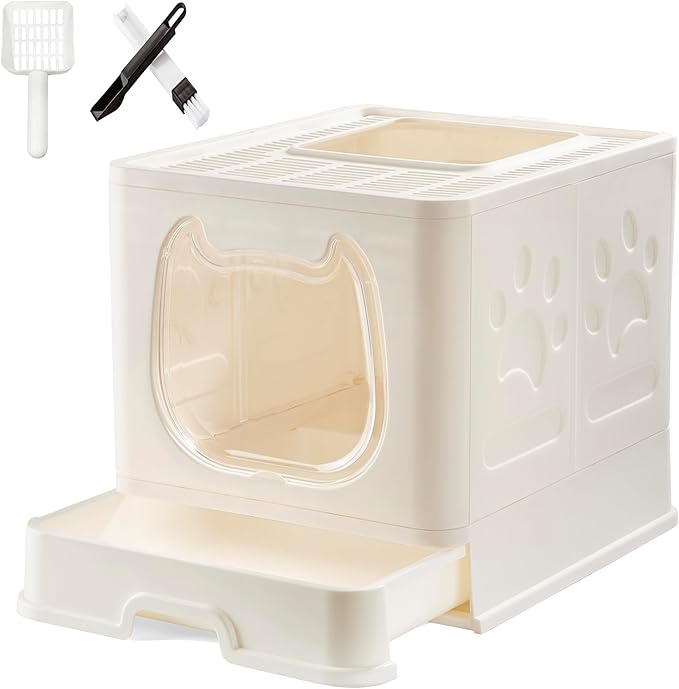 Gefryco Foldable Cat Litter Box with Lid,Covered Litter Box for Small and Medium Cats, Enclosed Cat Potty with Scoop and Brush, Top Entry Cute Kitten Litter Tray with Drawer and Top Cover(White)-Mewly Pet