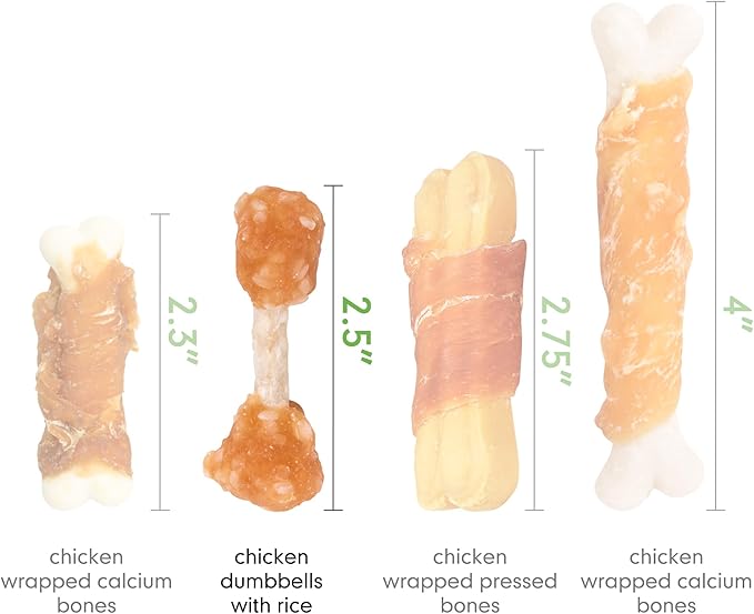 MON2SUN Dog Treats, 9oz Mini Rawhide Chews, Chicken Dumbbells with Rice for Small Dogs & Toy Breed, Crunchy and Healthy (2.5 Inch 17 Count)-Mewly Pet