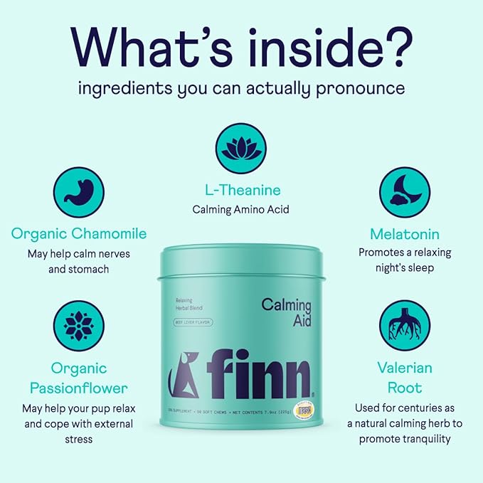 Finn Calming Aid for Dogs - Natural Calming Chews with Melatonin to Support Stress, Separation & Sleep - 90 Soft Chews-Mewly Pet
