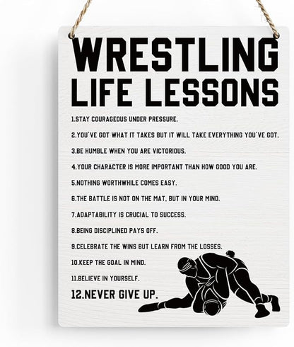 Wrestling Life Lessons Wooden Hanging Sign Inspirational Wrestling Wall Art Decor, Wrestling Wall Hanging Decor Signs for Home Office Bedroom Decoration 8x10 Inches