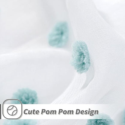 MYSKY HOME 108 Inch Long Large Pom Pom Sheer Curtains for Living Room - Aqua White, Light Filtering, Rod Pocket Window Panels - 38 x 108 inch, 2 Pieces
