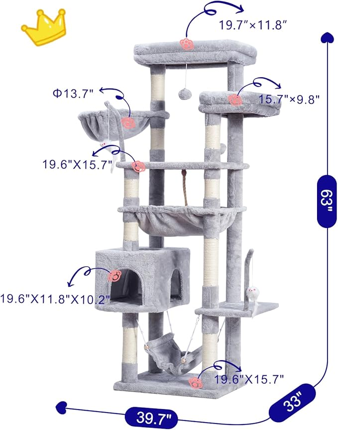 Cat Tree, Cat Tower for Large Cats with 2 Big Platforms, 2 Baskets, condo and Toys, 63" Cat Scratching Posts for Indoor Cats, Light Gray GCT020W-Mewly Pet