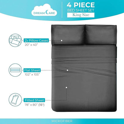 DREAMCARE California King Sheet Sets - Cooling Bed Sheets - 4pcs Set - up to 15" Deep Pocket Cal King Sheets - California King Sheets - Soft & Lasting 100% Brushed Polyester with Side Pocket - D.Gray