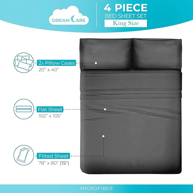 DREAMCARE Twin XL Sheet Sets - 4pc Cooling Sheets XL Twin Sheets - Twin XL up to 21” Deep Pocket – Hotel Luxury Extra Long 100% Brushed Microfiber with Side Pocket - D. Gray