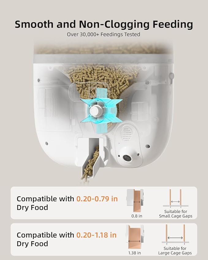 Hanging Automatic Rabbit Feeder with 1080P Camera, 62oz Storage, Multiple Pet Cage Compatibility, Customized Feeding Schedule- Perfect for Ferrets, Cats, Guinea Pigs, Chinchilla and Hedgehog-Mewly Pet