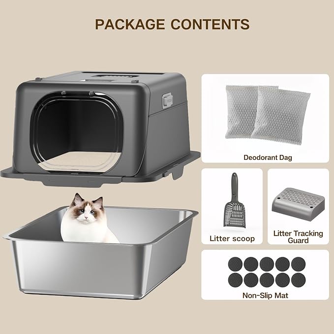 XX-Large Stainless Steel Cat Litter Box with Lid – Fully Enclosed Large Litter Box for Big Cats, Odor Control with Magnetic Door, Easy Clean, Multi-Cat Durable Metal Pan (Natural Color)-Mewly Pet