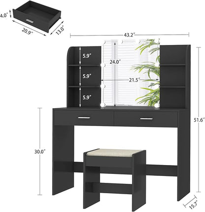 usikey Vanity Desk with Mirror and Lights, Vanity Makeup Table Set with 2 Drawers & 6 Open Shelves, Makeup Vanity Desk Dressing Table with Cushioned Stool, Black