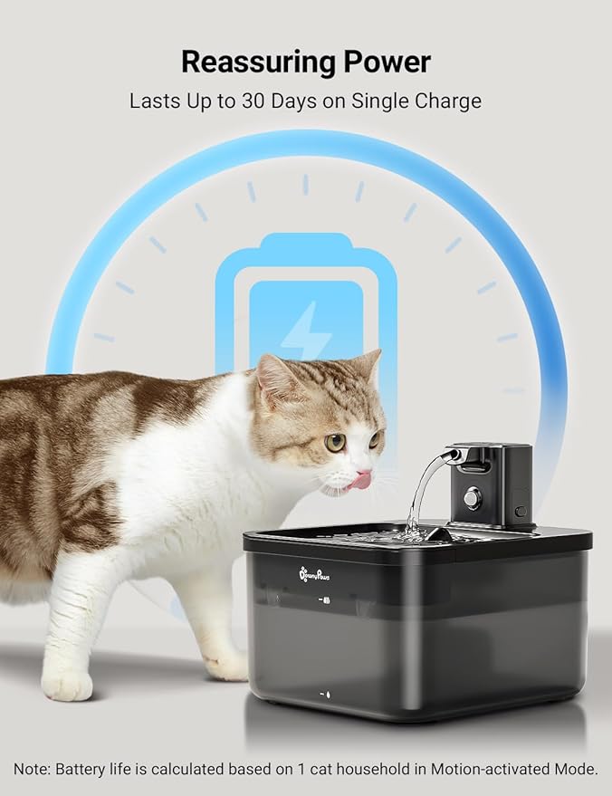 DownyPaws Battery Operated Cat Water Fountain, 84oz/2.5L Fursink Wireless Cat Waterer Fountain with Motion Sensor, BPA-Free, Black with 6 Filters-Mewly Pet