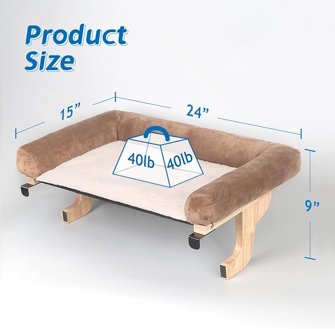 Cat Perch for Window Sill with Bolster - Orthopedic Hammock Design with Premium Hardwood & Robust Metal Frame - Cat Window Seat for Large Cats and Kittens - Natural Color Wood with Brown Bed-Mewly Pet