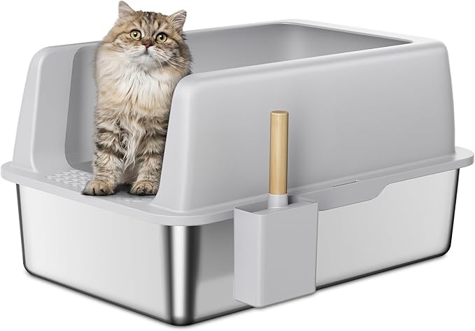 Zarler Stainless Steel Litter Box with Lid, Extra Large Cat Litter Boxes, XL Large Metal Litter Box for Big Cats with High Sided, Light Grey (Non-Sticky, Easy to Clean, Anti-Urine Leakage)-Mewly Pet