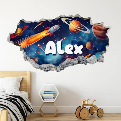 Personalized Space 3D Wall Hole Decal for Kids Room – Custom Name Rocket Galaxy Planet Wall Sticker for Boys Bedroom – Outer Space Themed Wall Art for Nursery Playroom – Removable Vinyl Decor