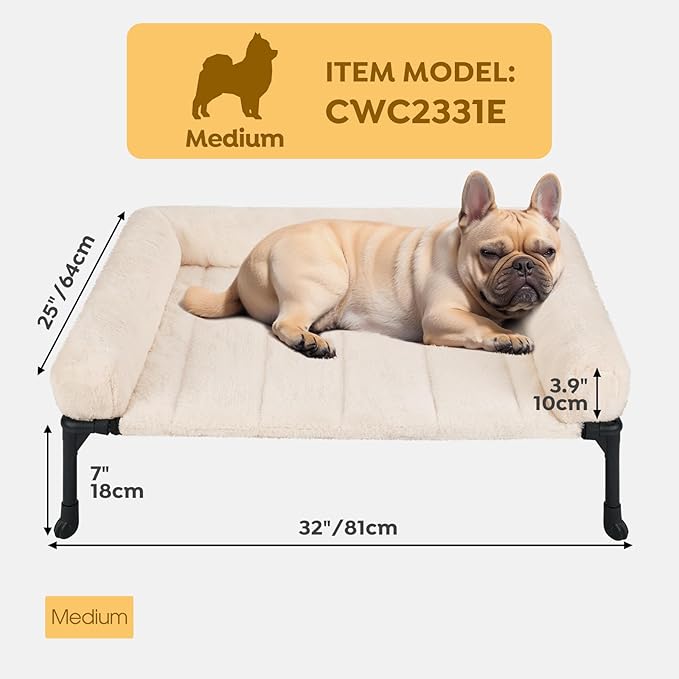 Veehoo Cooling Elevated Dog Bed with Fluffy Plush Bolster Cushion, Indoor Raised Dog Beds for Large Dogs, Soft Pet Sofa Cot with Removable Washable Mat, No-Slip Feet, 32 x 25 inches, Cream White-Mewly Pet