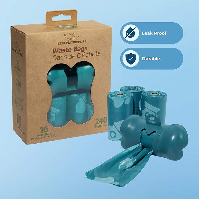 Best Pet Supplies Dog Poop Bags (240 Bags) for Waste Refuse Cleanup, Doggy Roll Replacements for Outdoor Puppy Walking and Travel, Leak Proof and Tear Resistant, Thick Plastic - Turquoise-Mewly Pet