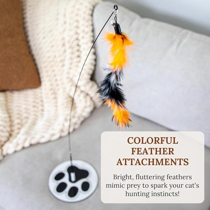 Cat Wand Toy with Round Base – Interactive Feather & Glow-in-The-Dark Octopus Attachments – Suction Cup Cat Toy for Indoor Cats & Kittens-Mewly Pet