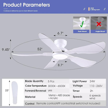 52 Inch Modern Ceiling Fans with Lights, Flush Mount Ceiling Fan with Light and Remote/APP Control, 5 Reversible 6 Speeds Curved Blades, 3 CCT Dimmable Lights for Bedroom, White