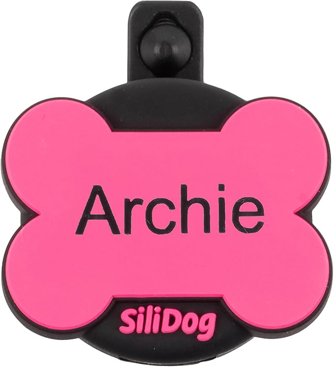 SiliDog AirTag Holder Silent Dog ID Tag – Personalized Engraved Silicone Pet Tag – Durable, Glow-in-The-Dark – Pink Bone-Mewly Pet