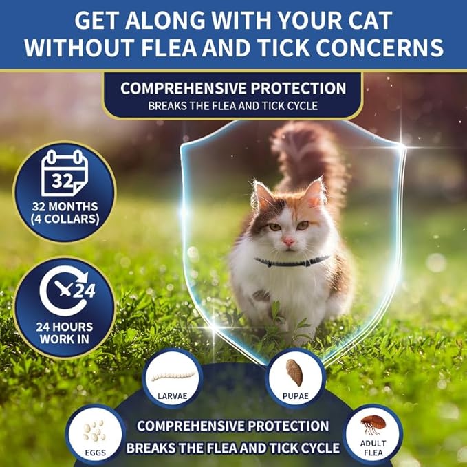 4 Pack Flea Collar for Cats, 32 Months Flea and Tick Prevention for Cats, Waterproof Cat Flea Collar, Natural Cat Flea and Tick Treatment, Adjustable Flea and Tick Collar for Cats Kittens(4 Colors)-Mewly Pet