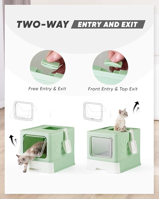 Enclosed Cat Litter Box, Large Litter Box for Big Cats, Covered Kitty Litter Boxes with Lid, Top Entry Cat Box Enclosure with Scoop, Odor Control, Easy to Clean(Green)-Mewly Pet