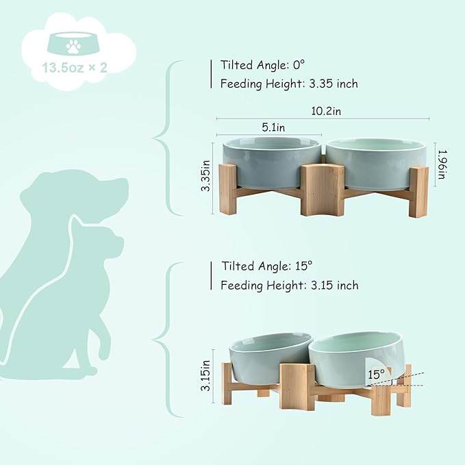 SPUNKYJUNKY 15° Slanted Ceramic Dog and Cat Bowl with Wooden Stand, Tilted Bulldog Food and Water Bowl No Slip Non-Spill for Cats Medium Dogs Big Face Pets 13.5 OZ (1.7 Cups, Morandi Green × 2)-Mewly Pet