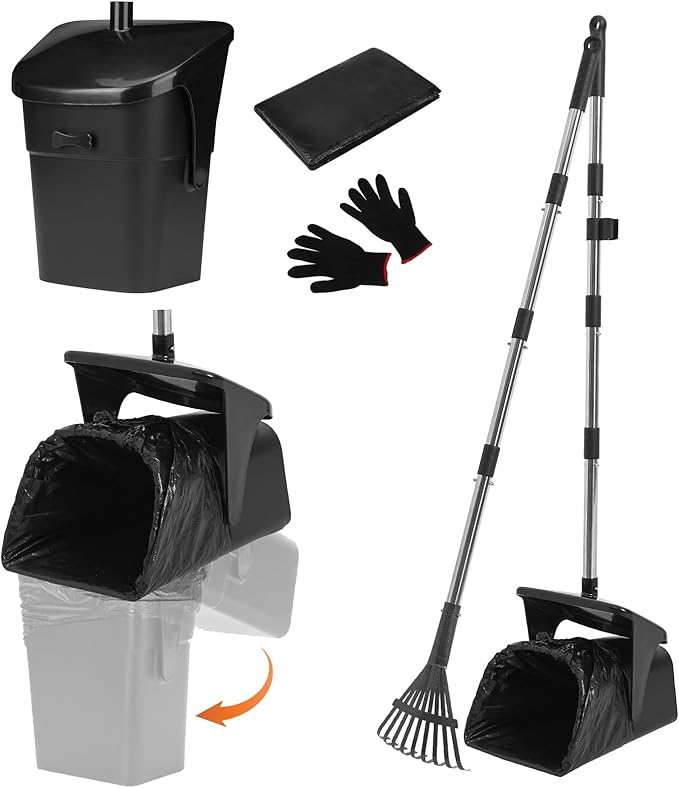 SCENEREAL Dog Pooper Scooper for Yard, Dog Poop Trash Can Outside Swivel Bin Rake Kit for Large Medium Small Dogs with 40 Waste Bags, Extra Long 45" Metal Handle, Portable Heavy Duty Outdoor Scooper-Mewly Pet