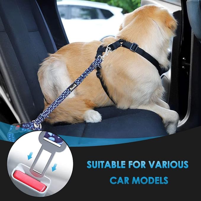SlowTon Dog Seat Belt for Car, 2 Pack Dog Car Harness Seatbelt Adjustable with Elastic Bungee Buffer, 2 in 1 Pet Car Leash Headrest Restraint Dog Reflective Safety Tether (Blue Paw, Headrest+Clip)-Mewly Pet