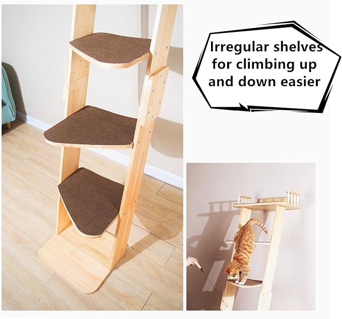 Modern 70“ Tall 6 Level Leaning Cat Climbing Ladder Tree Tower Condo with Large Perch Platform for Window Wall, Solid Wood Cat Furniture Shelves for Multiple Cats-Mewly Pet