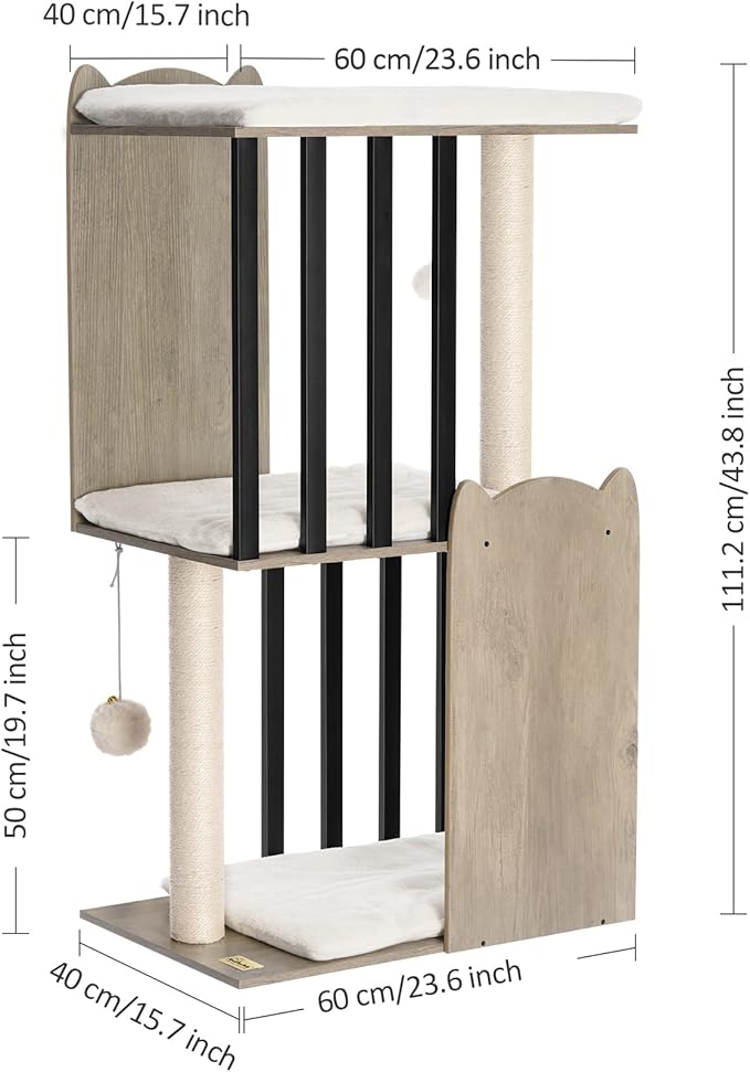 FourFurPets 43.8in 3-Tier Modern Cat Tree Tower Condo, Cat Scratch Posts for Indoor Cats, Big Plate, Two 19.7in Full Sisal Scratching Posts, Greige-Mewly Pet