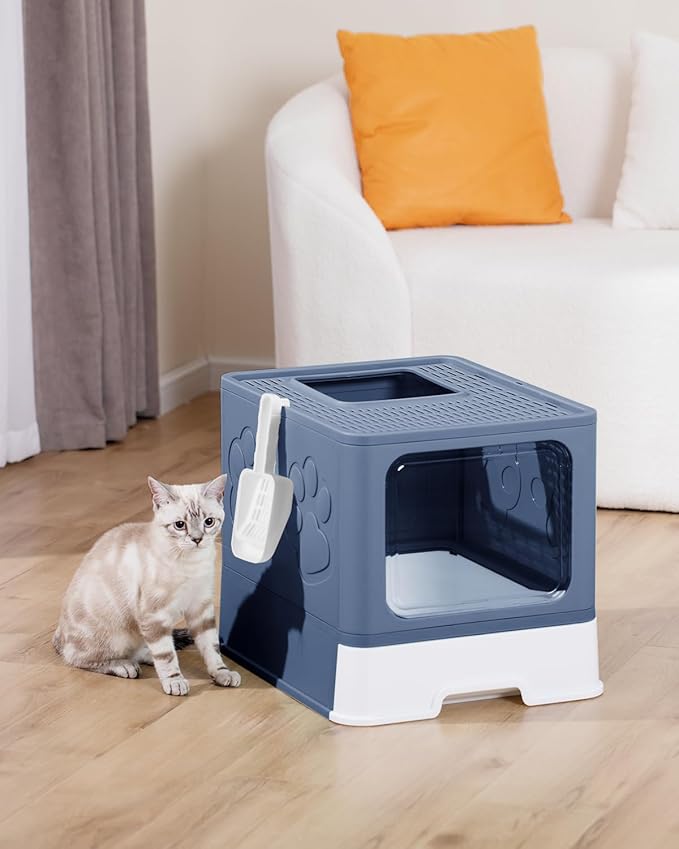 Enclosed Cat Litter Box, Large Litter Box for Big Cats, Covered Kitty Litter Boxes with Lid, Top Entry Cat Box Enclosure with Scoop, Odor Control, Easy to Clean(Blue)-Mewly Pet
