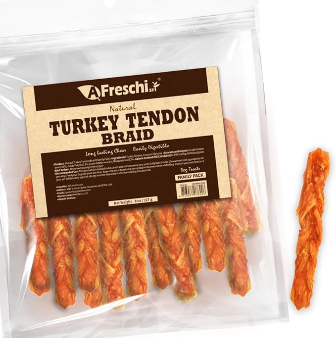 Afreschi Turkey Tendon Dog Treats, 8 oz Braid (for Medium Breeds), USA-Sourced Turkey Tendon, All Natural Puppy Chew, Hypoallergenic, Rawhide Alternative-Mewly Pet