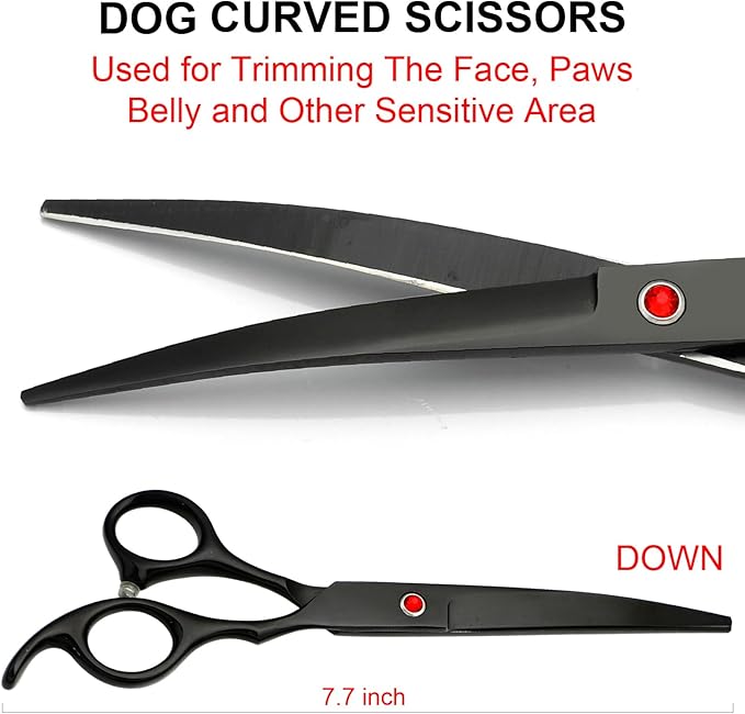 Professional Dog Grooming Scissors kit Black 5 in 1, Dog Shears for Grooming 6CR Premium Stainless Steel Grooming Scissors Kit for Dogs Cat Pet-Mewly Pet