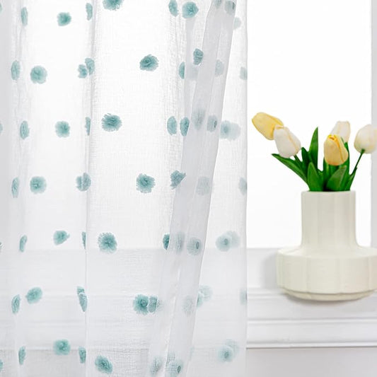 MYSKY HOME 108 Inch Long Large Pom Pom Sheer Curtains for Living Room - Aqua White, Light Filtering, Rod Pocket Window Panels - 38 x 108 inch, 2 Pieces