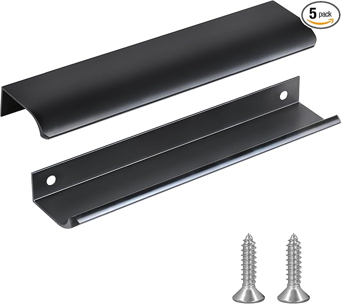 JOOJA 5 Pack Modern Style Finger Edge Pull Furniture Drawer Handles Hidden Cabinet Kitchen Drawer Handles Knobs, Black 200(160) mm