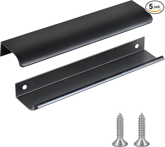 JOOJA 5 Pack Modern Style Finger Edge Pull Furniture Drawer Handles Hidden Cabinet Kitchen Drawer Handles Knobs, Black 200(160) mm
