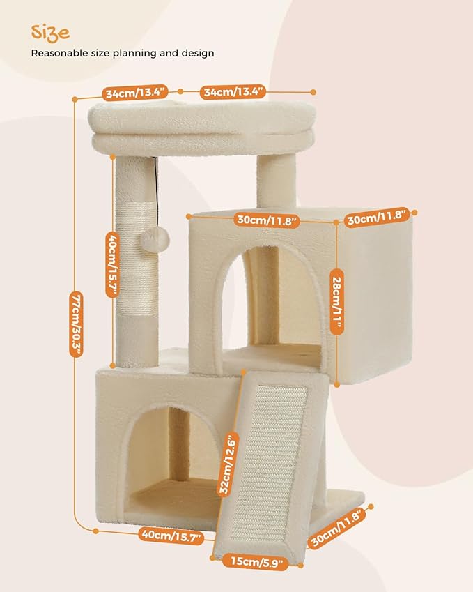 PAWZ Road Cat Tree, 30 Inches Cat Tower with Dual Condos for Indoor Cats, Plush Cat House with Padded Perch, Scratching Ramp and Posts and Replaceable Balls-Beige-Mewly Pet