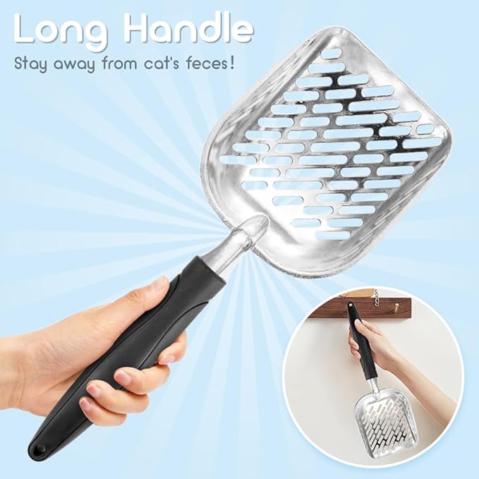 Cat Litter Scoop,Long Handle Cat Scooper,Stainless Steel Metal Scoop,Poop Sifting,Mesh Shovel,Suitable for Cat Litter Box(Black)-Mewly Pet