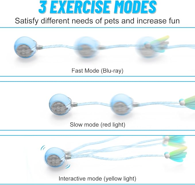 Interactive Cat Toy Ball for Indoor Cats with Mesh Tail & Foils, Automatic Rolling Three Modes Agile Moving Cat Ball to Keep Them Busy Rechargeable, Blue-Mewly Pet