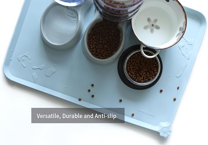 Hoki Found X-Large Silicone Pet Food Mats - Non Slip Dog Cat Bowl Placemat - Waterproof Dog Cat Food Mats for Carpet - Frost-Mewly Pet