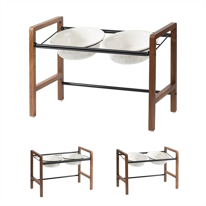 7.1inch Ceramic Adjustable Raised Double Bowls Set with Stand, 3 Heights Elevated, 2 Placement Options,Food and Water Bowls for Medium and Large Dog(Reactived Glaze -White)-Mewly Pet