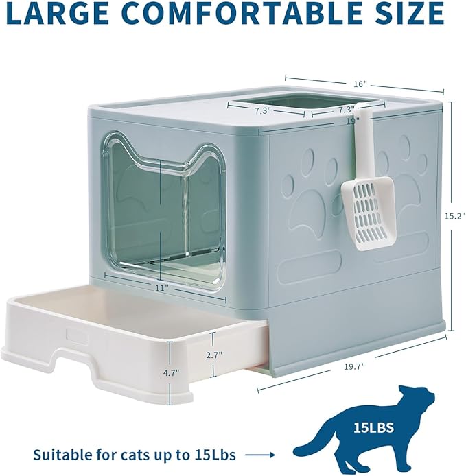 Cat Litter Box with Litter Mat and Scoop, Large Foldable Litter Box with Lid, Front Entry Top Exit Kitty Box, Odor Control, Easy to Clean (Blue)-Mewly Pet
