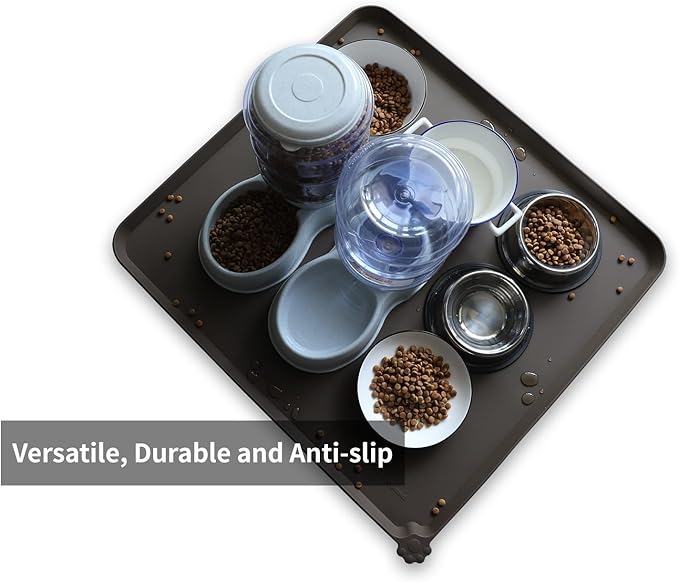 Hoki Found XX-Large Silicone Pet Food Mats Tray - Non Slip Pet Dog Cat Bowl Mats Placemat - Dog Pet Cat Feeding Mat - Waterproof Dog Cat Food Mats -Pet Water Mats for Carpet - Coffee-Mewly Pet