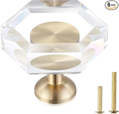 12-Pack Brass Base Crystal Drawer Knobs,Glass Crystal Gold Cabinet Knobs,1-5/16-Inch Hexagon,Kitchen Hardware Pulls, Modern Bathroom Hardware knob