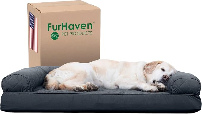 Furhaven Cooling Gel Dog Bed for Large Dogs w/ Removable Bolsters & Washable Cover, For Dogs Up to 95 lbs - Quilted Sofa - Iron Gray, Jumbo/XL-Mewly Pet