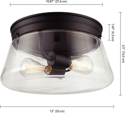 GLOBE Electric 44777 Aleyna 2-Light Outdoor Flush Mount Ceiling Light, Matte Black, Clear Glass Shade, Bulb Not Included